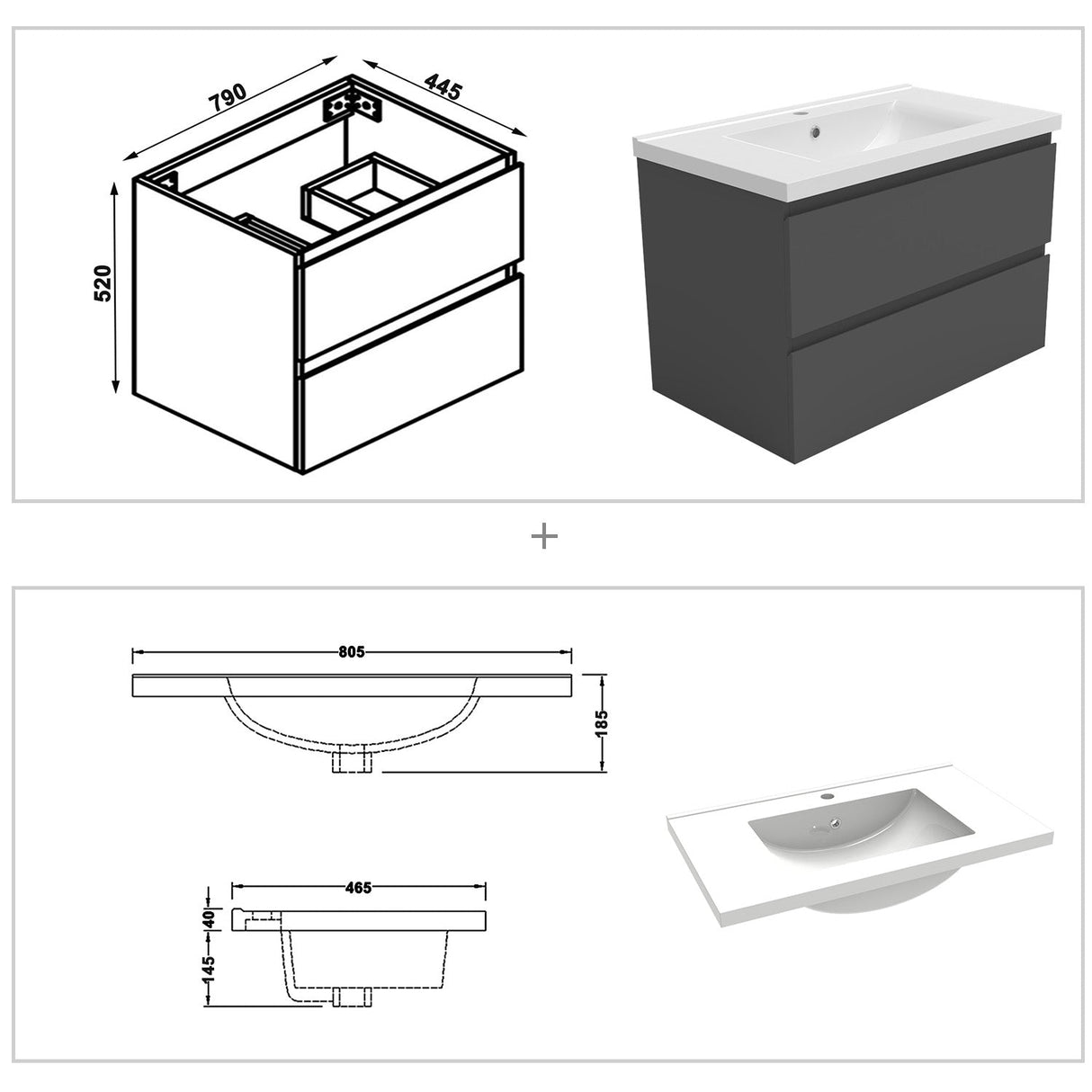 800mm Wide Wall Mounted Vanity Units and Sink 2 Drawers - Matt Grey