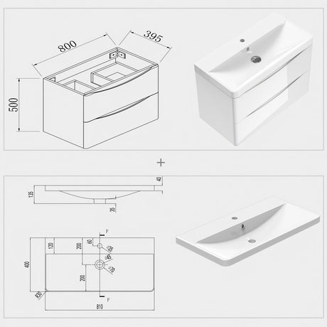 500/600/800mm Bathroom Vanity Units with Basin Gloss White Wall Hung