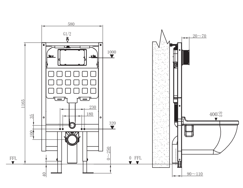 1140mm heigh Modern Splash concealed toilet cistern frame set