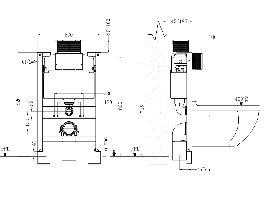 820mm heigh Modern Splash concealed toilet cistern frame set