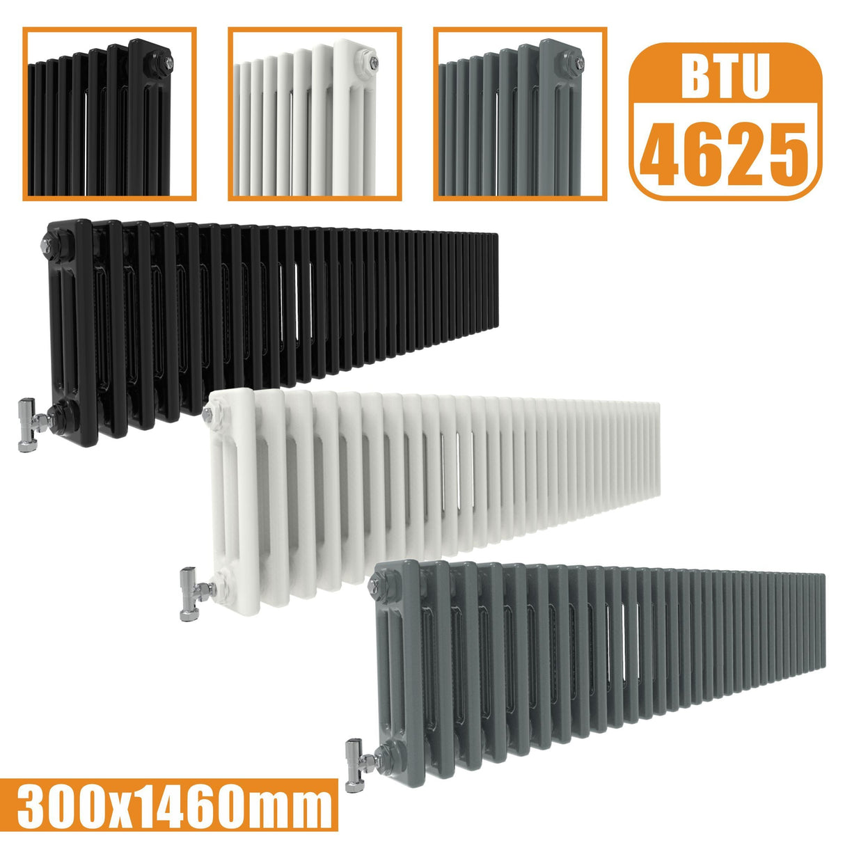 3Column Traditional Cast Iron Style radiator Horizontal 300x1460 White Anthracite Vintage Rads