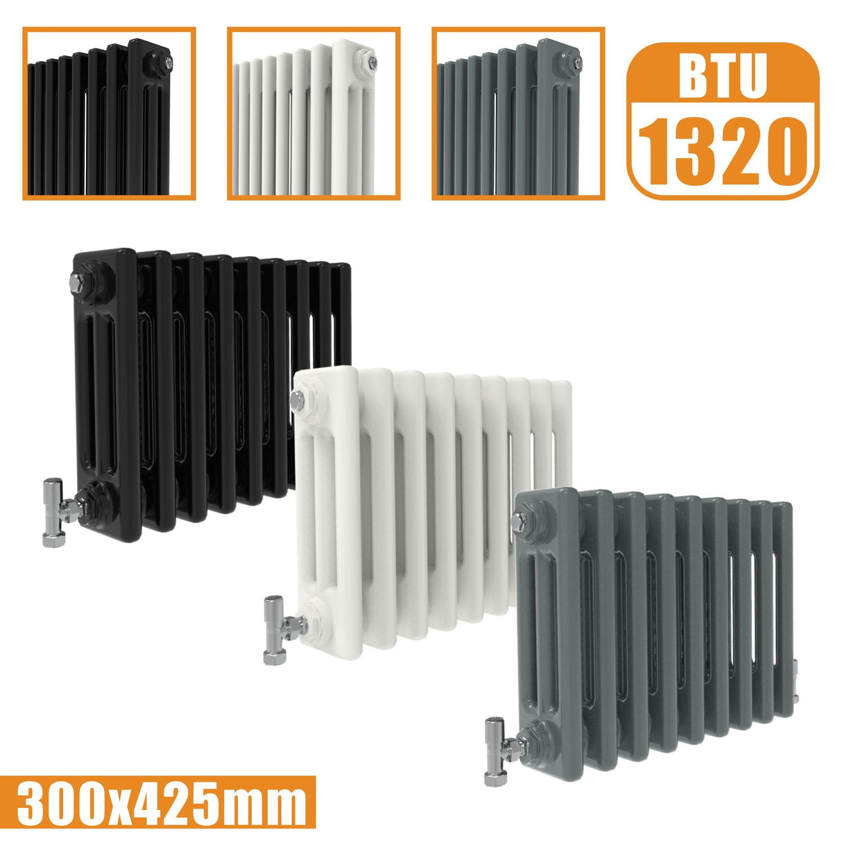 3Column Traditional Cast Iron Style Rads Horizontal 300x425 White Anthracite Vintage Radiator