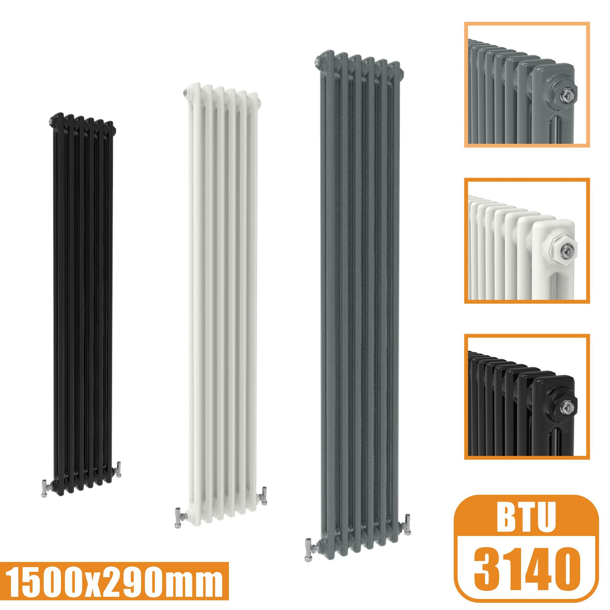 2Column Traditional Cast Iron Style 1500x290 Radiator Vertical Tall Vintage Modern Splash Rads