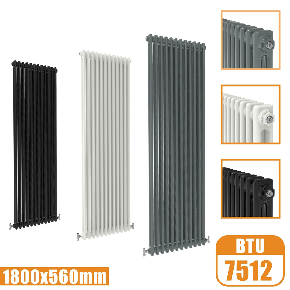 2Column Traditional Cast Iron Style 1800x560 Radiator Vertical Tall Vintage Modern Splash Rads