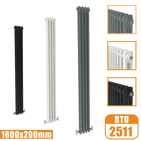 2Column Traditional Cast Iron Style 1800x200 Radiator Vertical Tall Vintage Modern Splash Rads