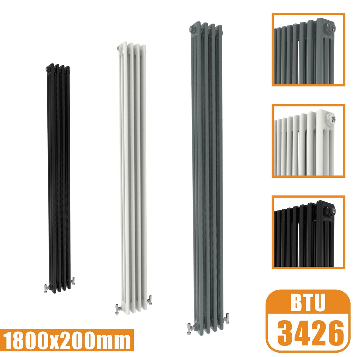 3Column Traditional Cast Iron Style 1800x200 Radiator Vertical Tall Vintage Modern Splash Rads