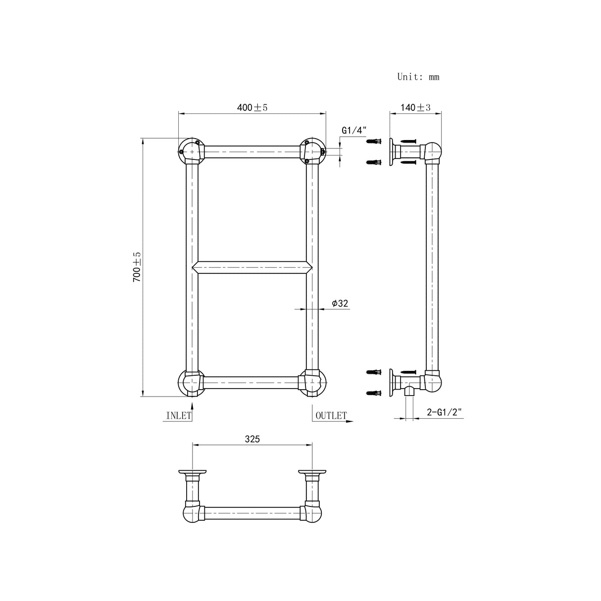 Traditional 3 Bar 700x400mm Victorian Chrome Heated Towel Rail Bathroom Radiator Dimension