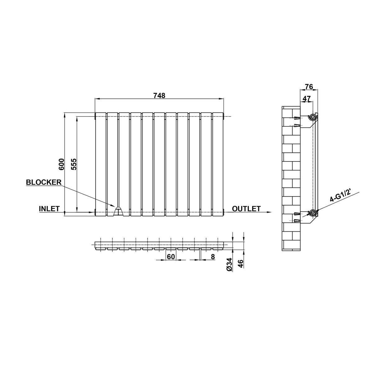 Modern Horizontal 600x748mm Single Anthracite Flat Panel Radiator