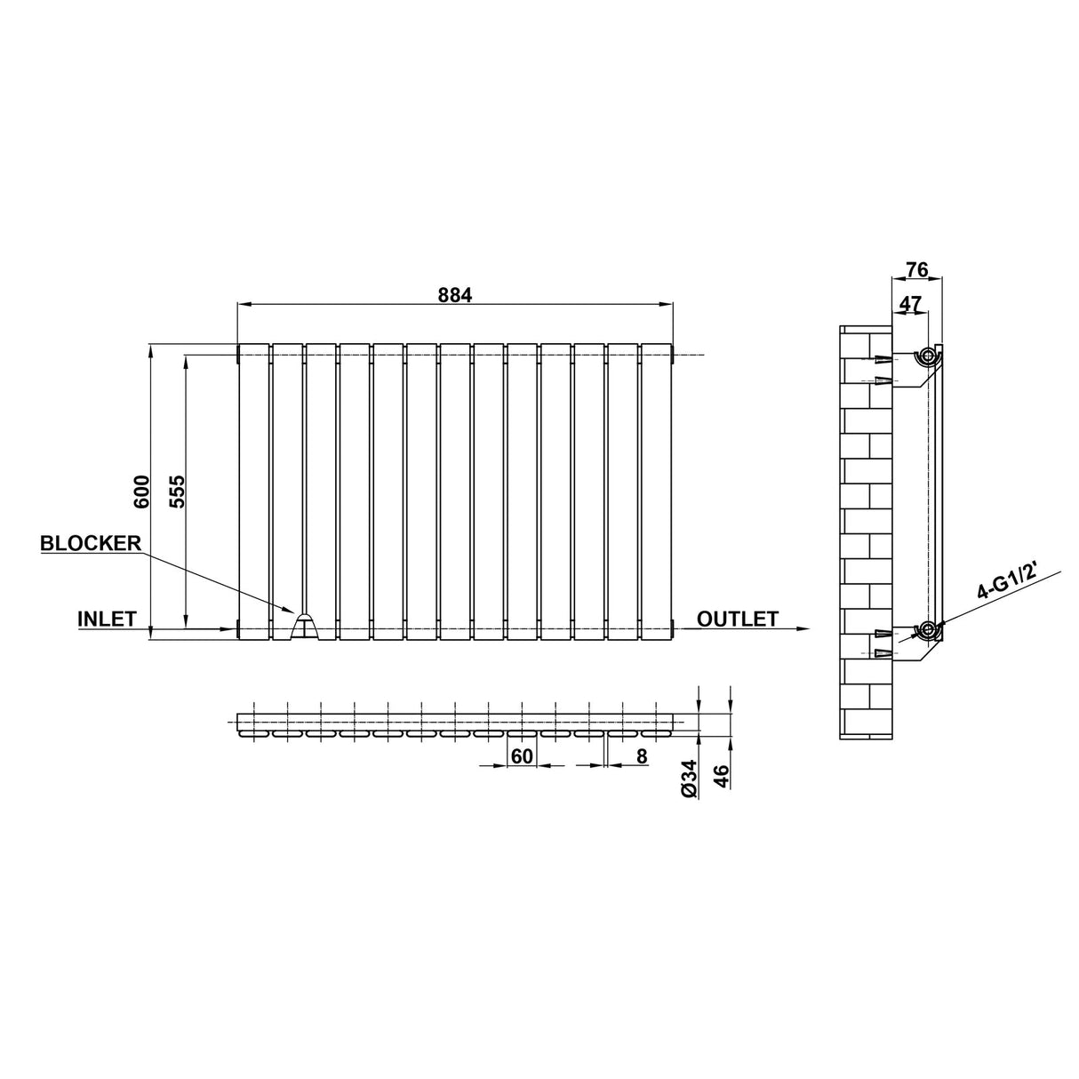 Modern Horizontal 600x884mm Single Anthracite Flat Panel Radiator