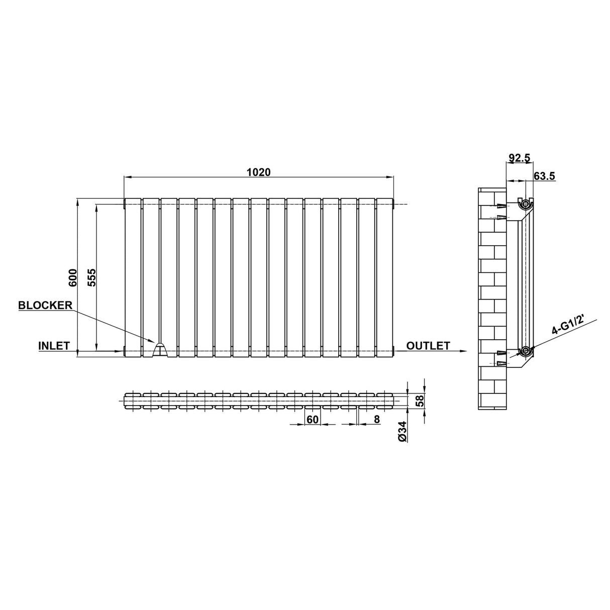 Modern Horizontal 600x1020mm Double Anthracite Flat Panel Radiator