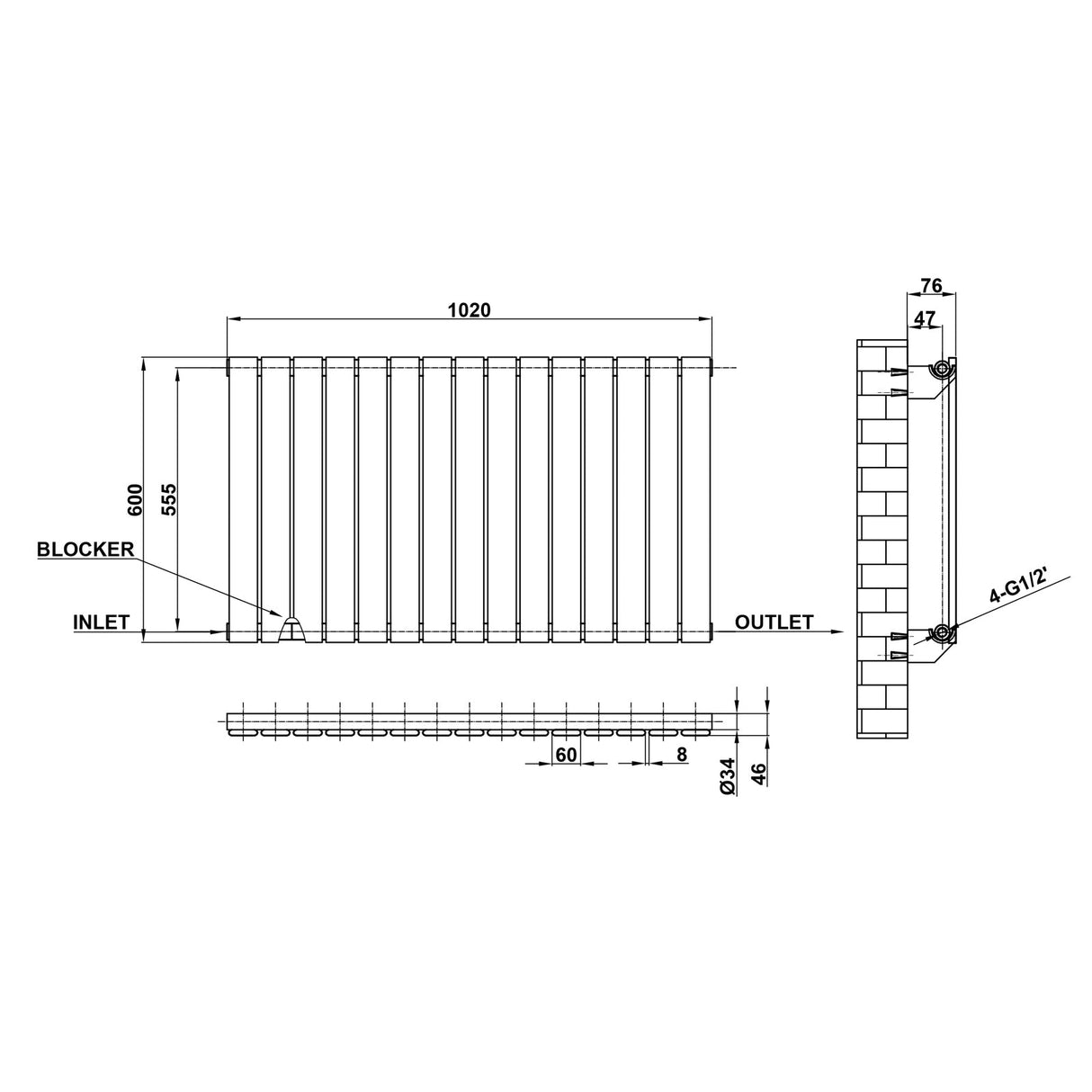 Modern Horizontal 600x1020mm Single Anthracite Flat Panel Radiator