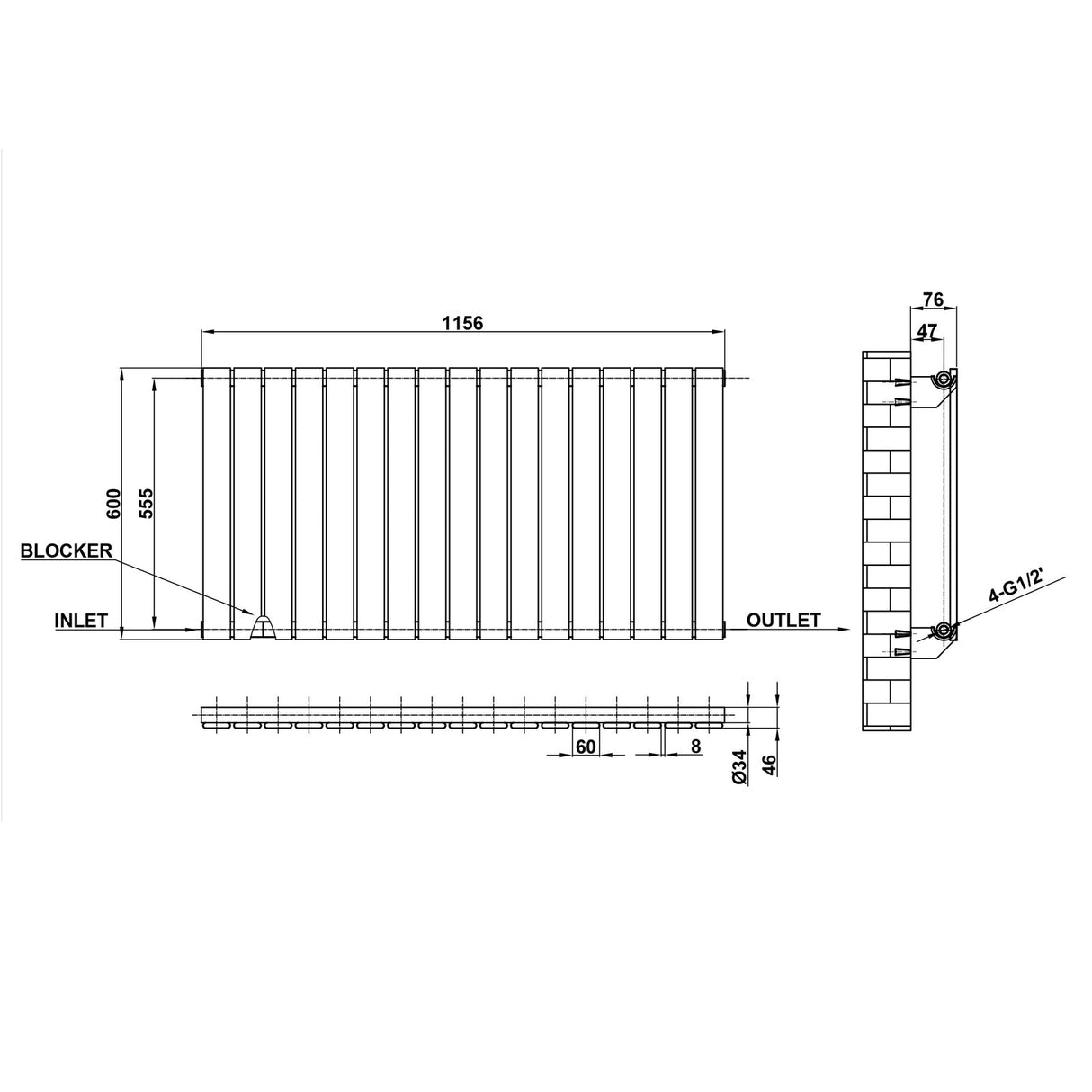 Modern Horizontal 600x1156mm Single White Flat Panel Radiator