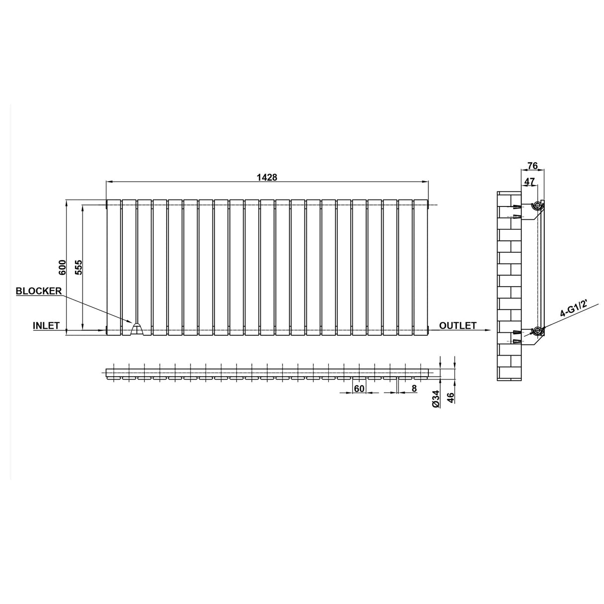 Modern Horizontal 600x1428mm Single Anthracite Flat Panel Radiator