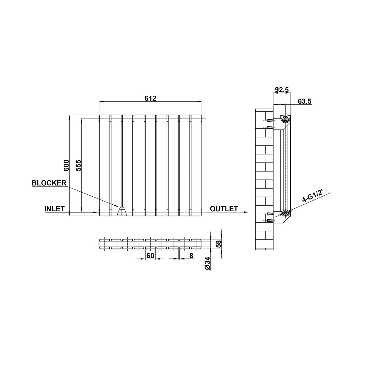 Modern Horizontal 600x612mm Double Anthracite Flat Panel Radiator