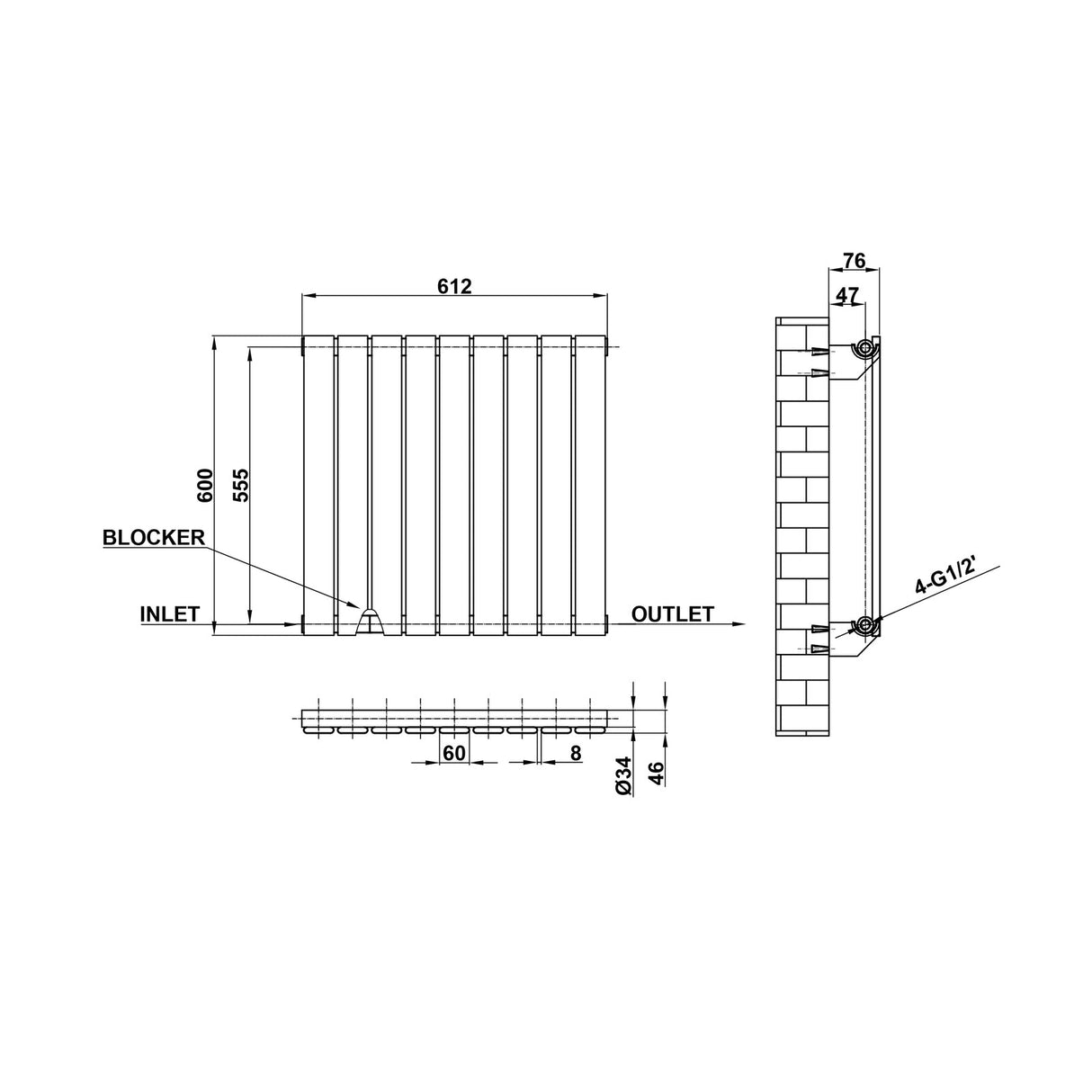 Modern Horizontal 600x612mm Single Anthracite Flat Panel Radiator