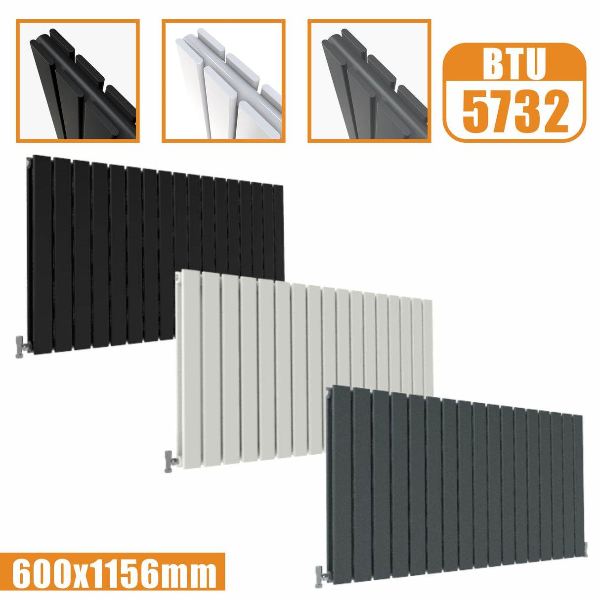 Designer Radiator Horizontal White Grey Flat Panel 600x1156MM Rads Double Panel Modern Splash