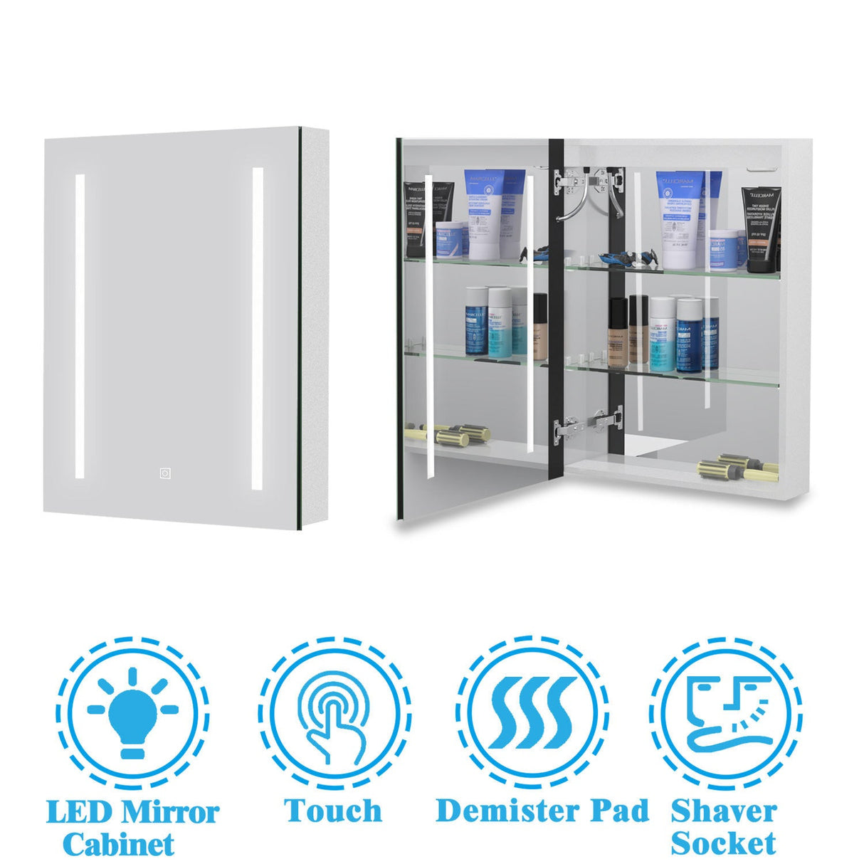 Anti-fog mirror cabinet with shaver socket