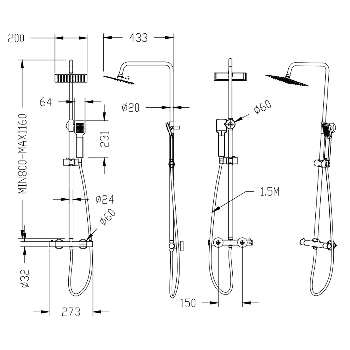 Modern Splash square thermostatic shower