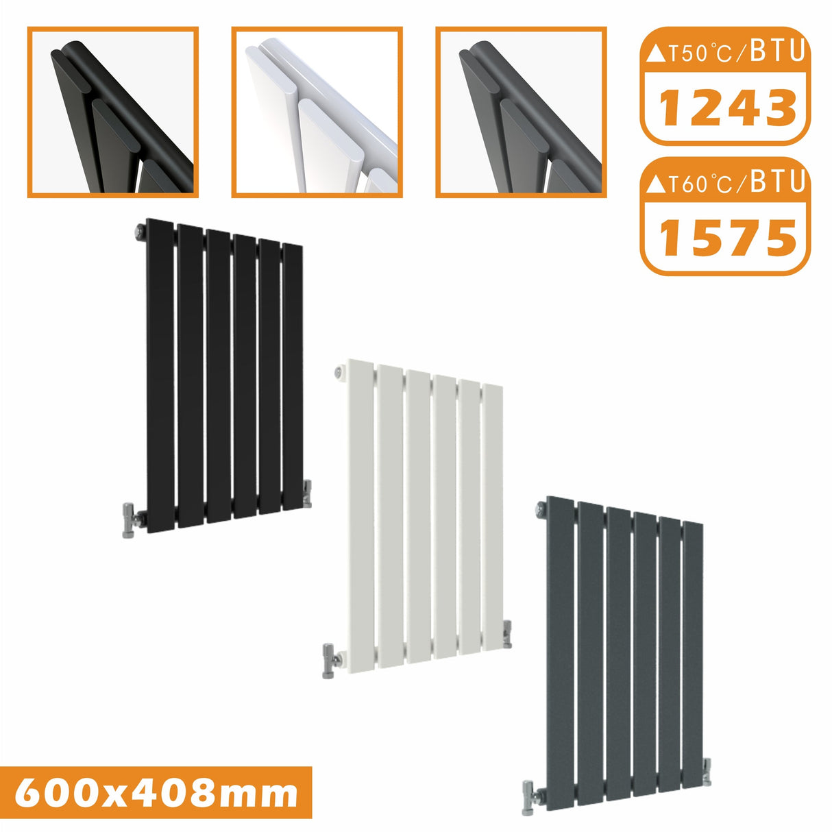 Flat Panel Radiator Anthracite/White Horizontal Designer Center Heated Rads