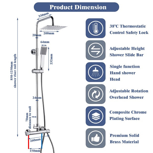 thermostatic shower silver square set