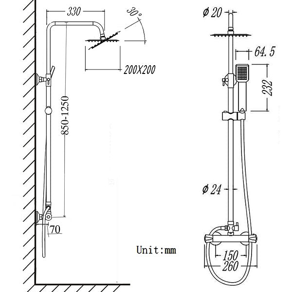 thermostatic shower silver square set