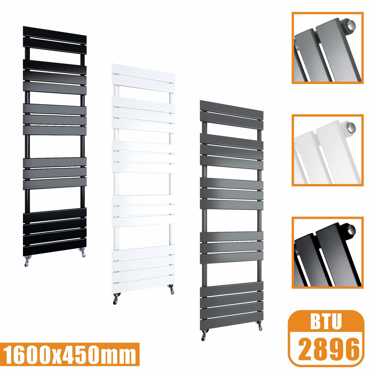 Flat Panel Heated Towel Rail ladder Radiator Anthracite White Black 1600x450MM Modern Splash