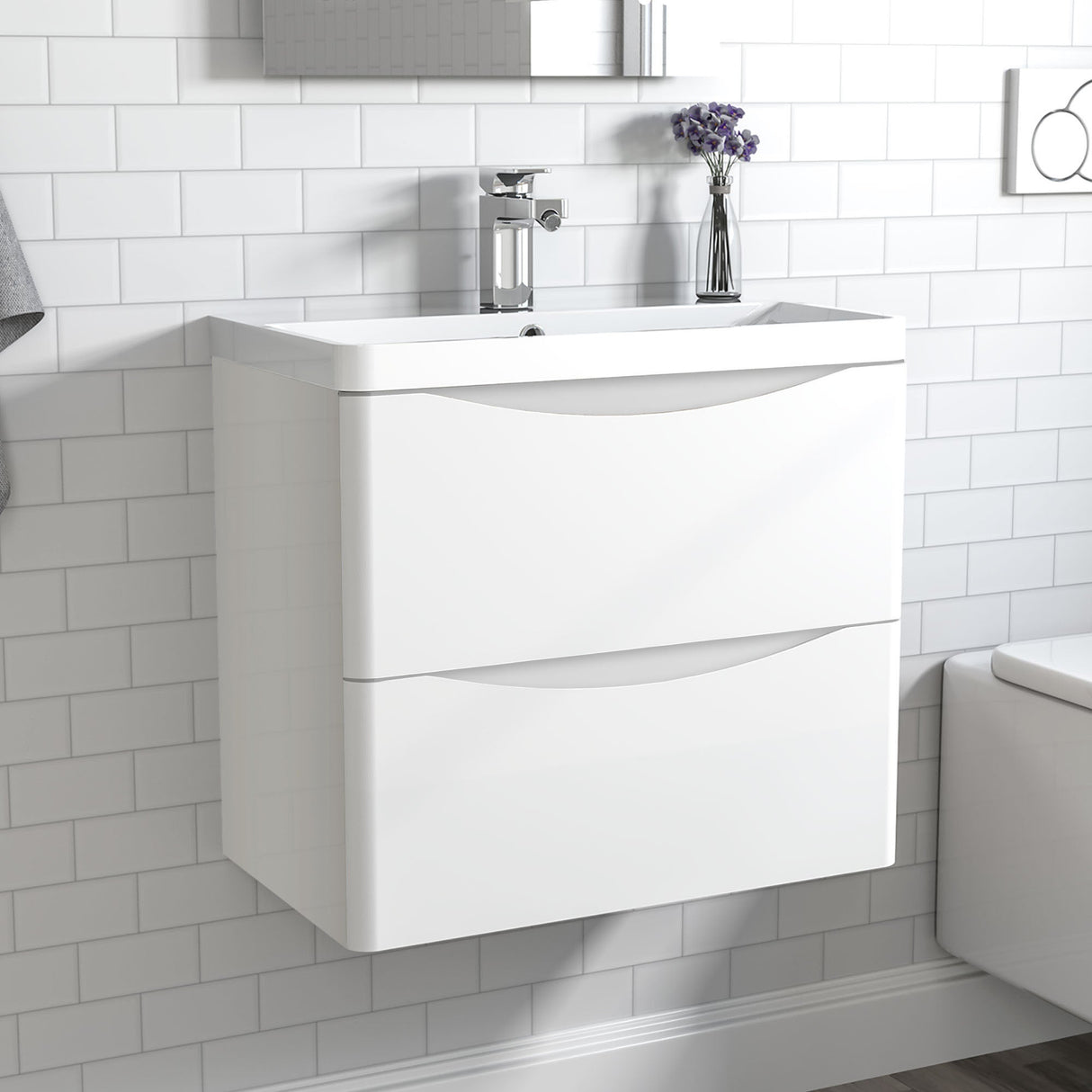 Bathroom Vanity Unit with basin Wall-mounted Gloss White 2 Drawers