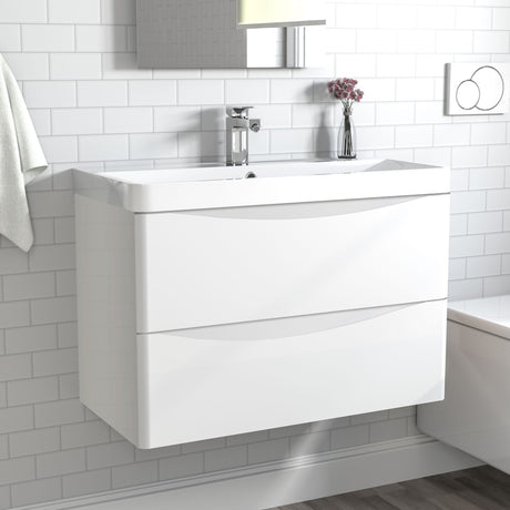 Bathroom Vanity Unit with basin Wall-mounted Gloss White 2 Drawers