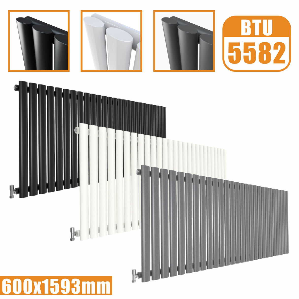 Horizontal Oval Column Single Designer radiator 600x1593MM White Anthracite Grey Modern Splash