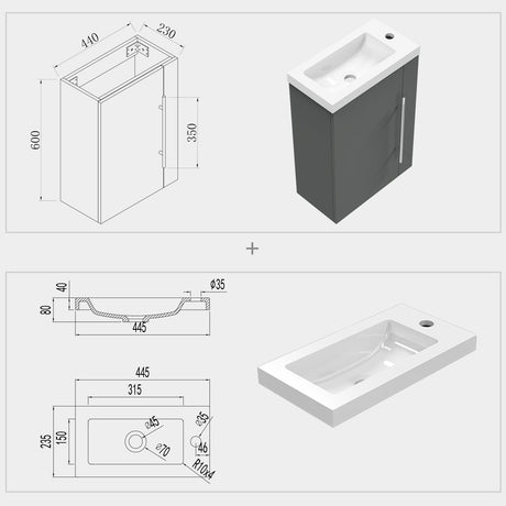 Small vanity unit with sink wall-hung