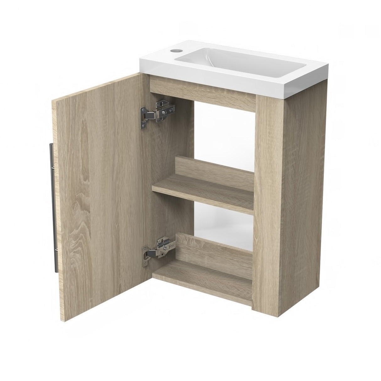 Small oak vanity unit with sink wall-hung